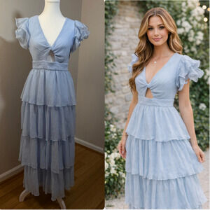 Altar’d State Blue Tiered Ruffle Maxi Dress Small Prom Formal